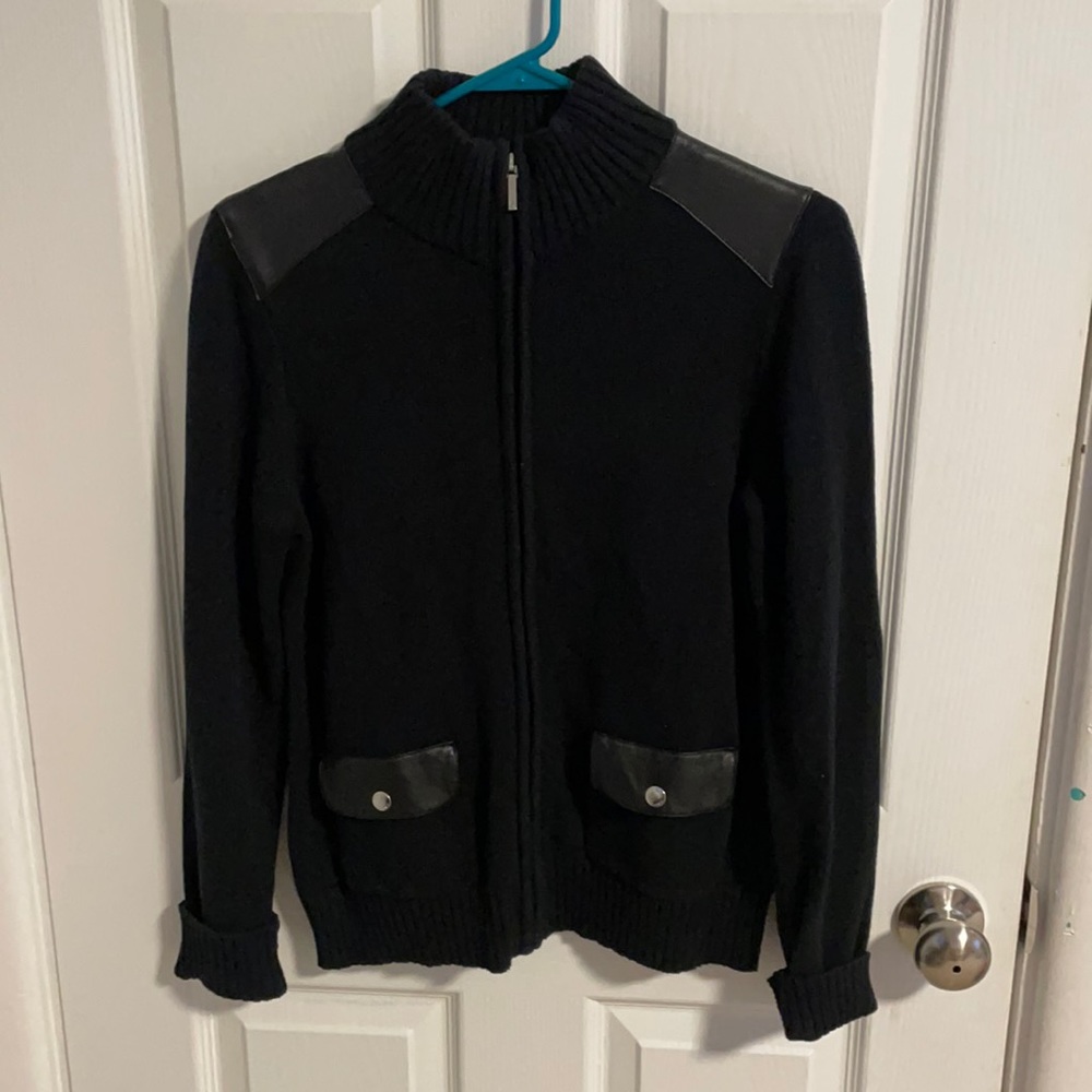 Black zipper cardigan with leather shoulders